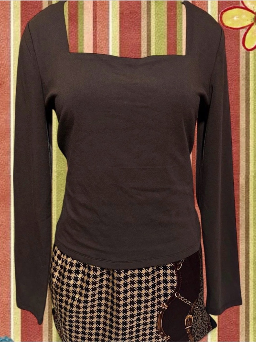 Express Chocolate Brown Long Sleeve Square Neck Top
